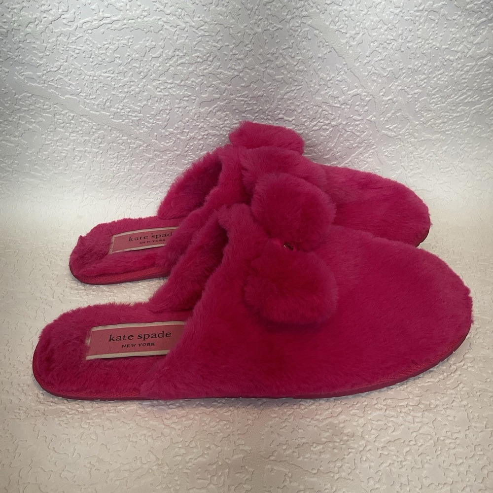 KATE SPADE Neon Hot Pink Faux Fur Slides Slippers‎ w/ Bow Spade Logo; SIZE 9 B